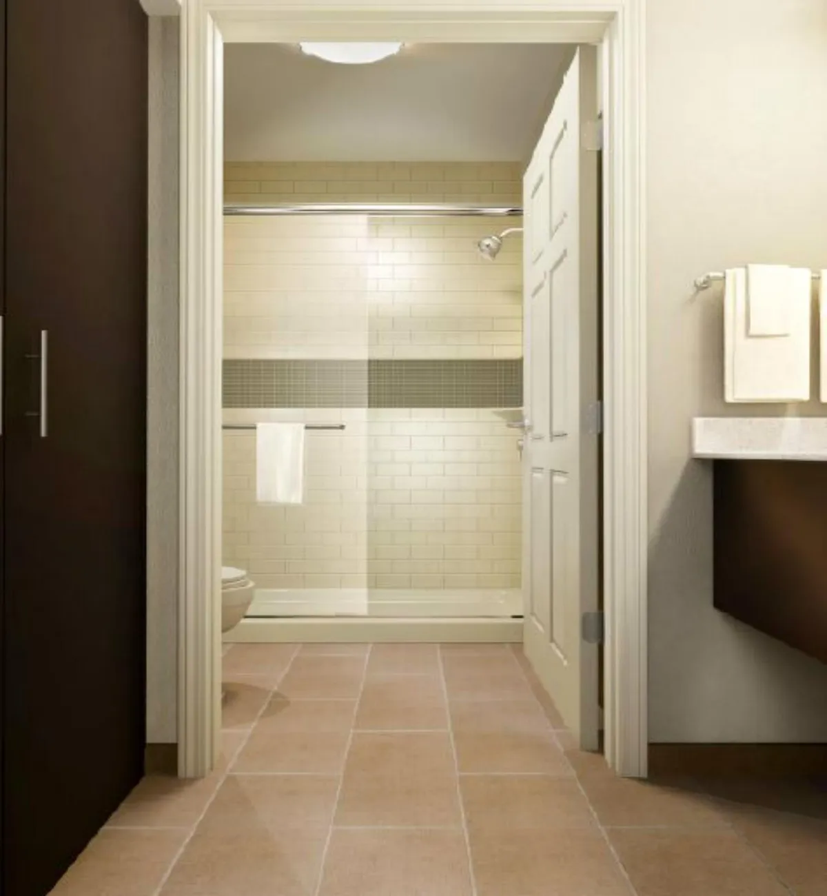 This image features a fresh and inviting bathroom with a modern shower area, pristine sink, and neatly arranged towels. The setting evokes cleanliness, privacy, and the opportunity to enjoy a quiet moment for self-care. The space looks serene and thoughtfully maintained, reflecting the daily housekeeping and attention to guest well-being mentioned in the section.