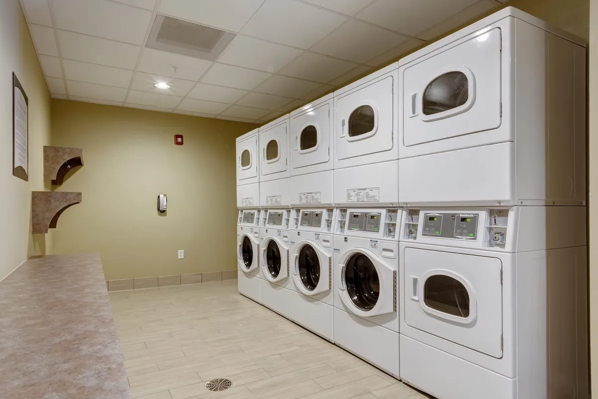 A practical, well-maintained laundry facility with multiple washers and dryers, a countertop for folding, and decorative touches that create a sense of comfort and efficiency.